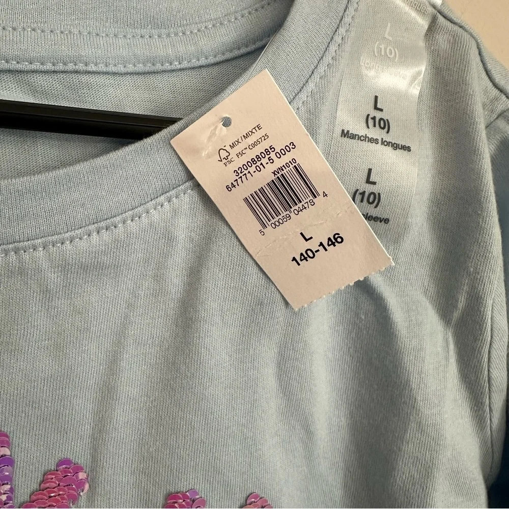 Gap Kids Blue Long Sleeve Flip Sequin Snowflake Crewneck Cotton Shirt Sz L 10